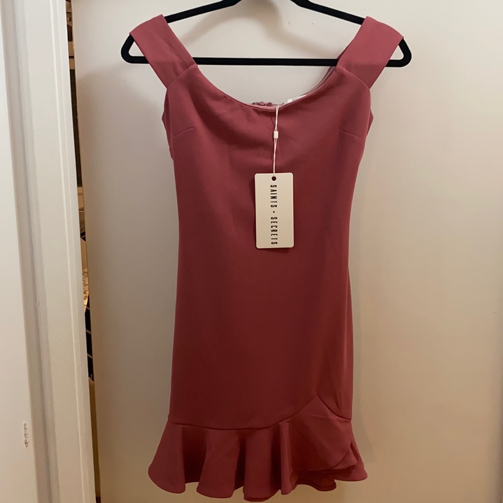 Off the shoulder rose pink cocktail dress.